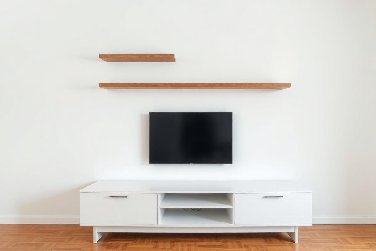 Fertig montierte TV-Wand mit Regalen und Sideboard