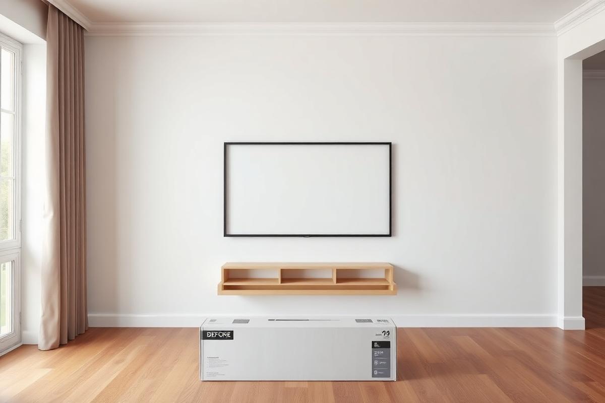 Leere Wand mit TV-Karton vor der Montage